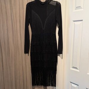 Chic Black Fringe Long Sleeve Dress